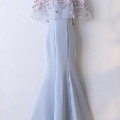 Pretty Sky Blue Mermaid Long Prom Dress With Lace..