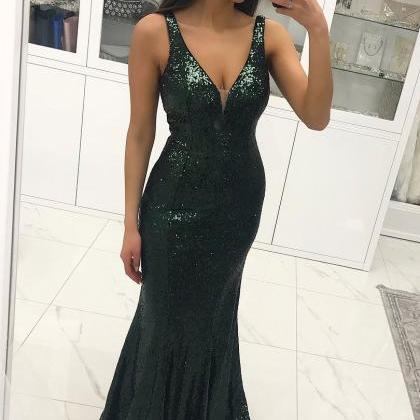 Sexy Long Green Mermaid Lace Prom Dresses Sequins..
