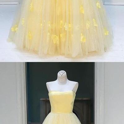 A-Line Strapless Halter Sleeveless Pleated Appliques Yellow Tulle Prom Dress