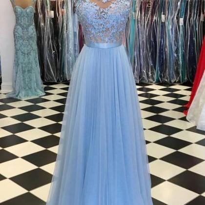 A Line High Neck Sky Blue Tulle Prom Dress with Embroidery LBQ2940 main image 1