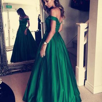 Dark Green Long Satin Plunge Neck Evening Dress Floor Length Prom Gowns main image 1