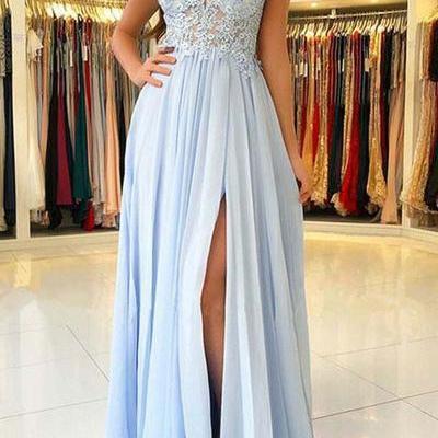Light Blue Chiffon Split Long Prom Dresses With..