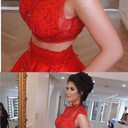 Lace Crop High Neck Prom Dresses Two Piece Ball..