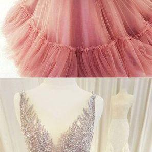 Unique V Neck Tulle Beaded Long Prom Dress, Pink..