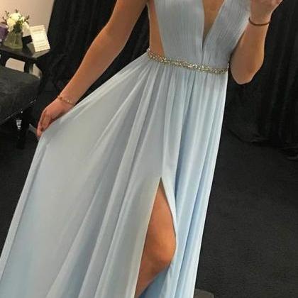 Light Sky Blue Long Prom Dress, Elegant V Neck..