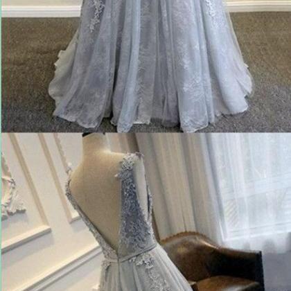 Gray V-back Scoop Tulle Lace Appliques Party..