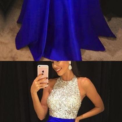 Sparkly Sequins Beaded Halter Long Satin Prom..