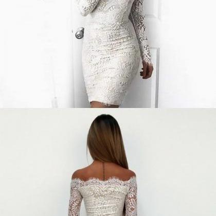 Off-the-shoulder Long Sleeves White Lace Prom..