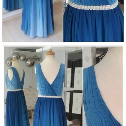 Ombre Blue Simple Prom Dresses Plus Size V Neck..