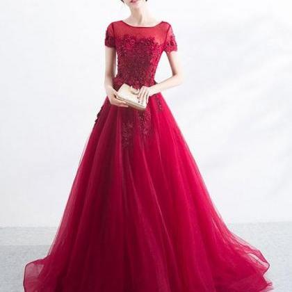 Elegant Round Neck Burgundy Prom Dress, Lace Tulle..