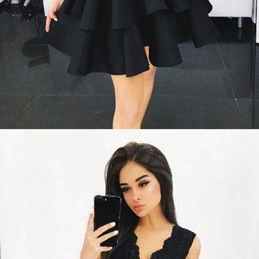 Cute Black Lace A Line Short Prom Dress, Black..