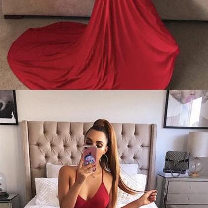 Long Red Jersey Halter Mermaid Backless Prom..