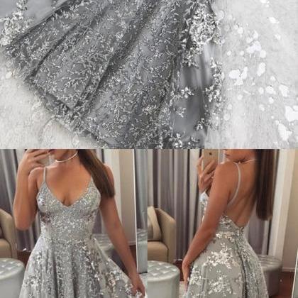 Silver Sequin Lace V Neck Tulle Homecoming Dresses..