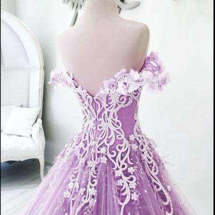 Ball Gown Off-the-shoulder Lilac Tulle Appliques..
