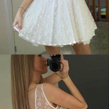 A-line Bateau Backless Short White Lace Homecoming..