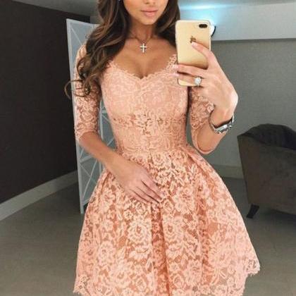 A-line Scoop Half Sleeves Short Apricot Lace..