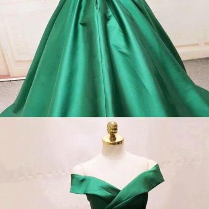 Long Green Satin V-neck Ball Gowns Prom Dresses..