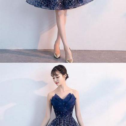 Dark Blue V Neck Tulle Sequin Short Prom Dress,..