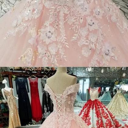 Blush Pink Flowers Tulle Off Shoulder Quinceanera..