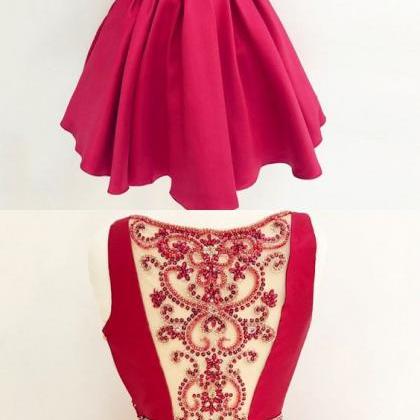 A-line V-neck Beaded Red Satin Short Homecoming..