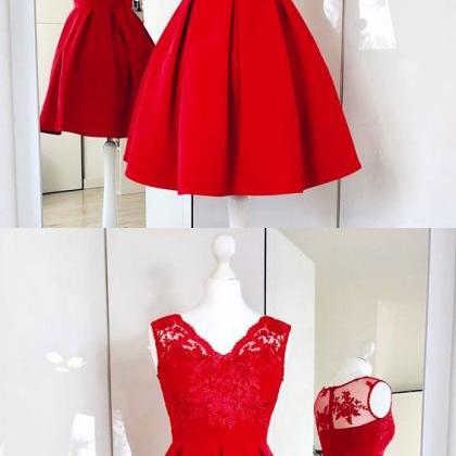 A Line V Neck Two Pieces Satin Red Short Prom Homecoming Dresses main image 0