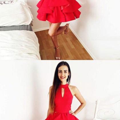 A-line Jewel Keyhole Red Satin Homecoming Dress..