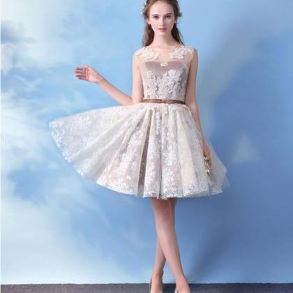Cute Round Neck Lace Short Prom Dress, Lace..