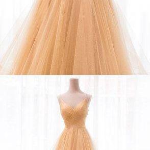 Gold V Neck Tulle Long Prom Dress, Evening Dress..