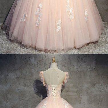 Princess Pink Tulle O Neck Long Formal Prom Dress,..