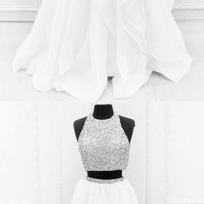 White Organza Ruffles Two Piece Prom Dresses Ball..