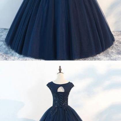 Dark Blue Round Neck Tulle Lace Long Prom Dress,..