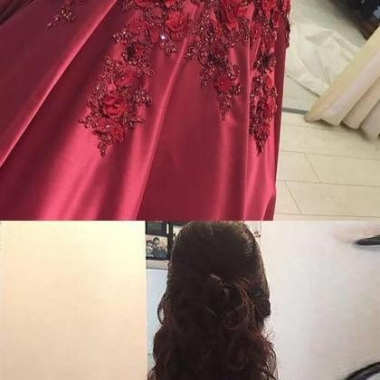 Burgundy Satin Ball Gown Wedding Dresses Lace..