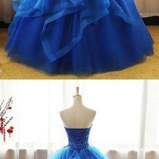 Royal Blue Strapless Organza Long Prom Gown With..