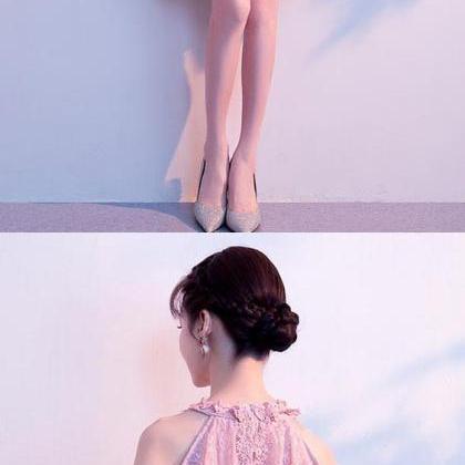 A-line High Neck Satin Pink Homecoming Dresses..