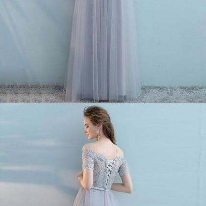 Gray Tulle Lace Long Prom Dress, Gray Tulle..