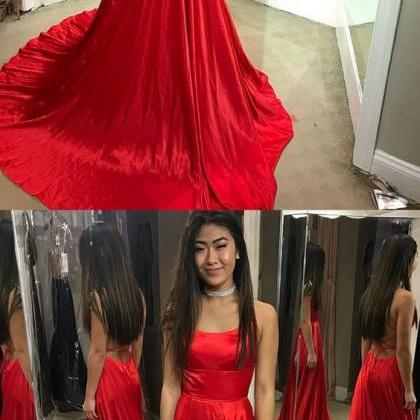 A-line Spaghetti Straps Red Satin Prom Dress With..