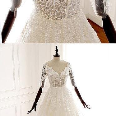 White V Neck Tulle Lace Long Prom Dress, White..