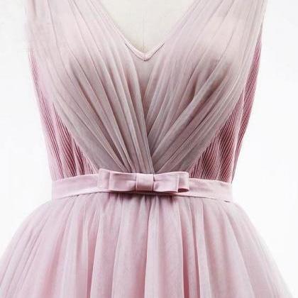 Chic A-line V Neck Tulle Prom Dress Simple Pink..