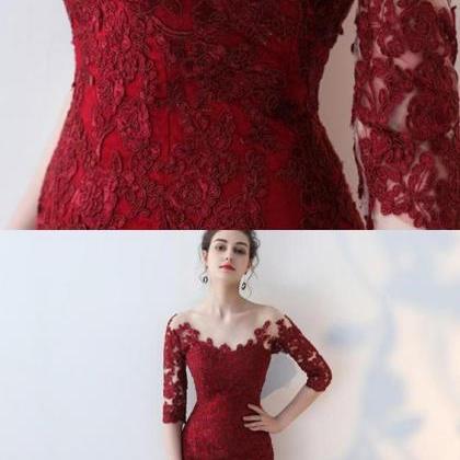Scoop Lace Appliqued Red Prom Dress With Long..