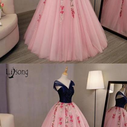 Floral Prom Gowns Navy Blue With Coral Pink Ball..