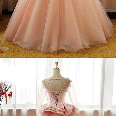 Pink Tulle Mid Sleeve Long Court Prom Dress With..