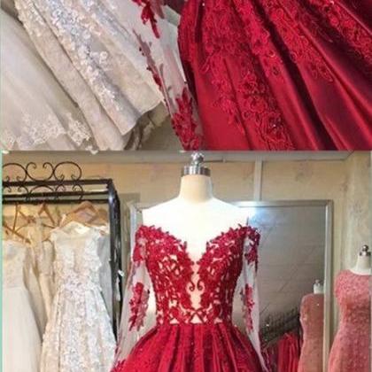 Long Sleeve Prom Dress,red Ball Gown,formal..