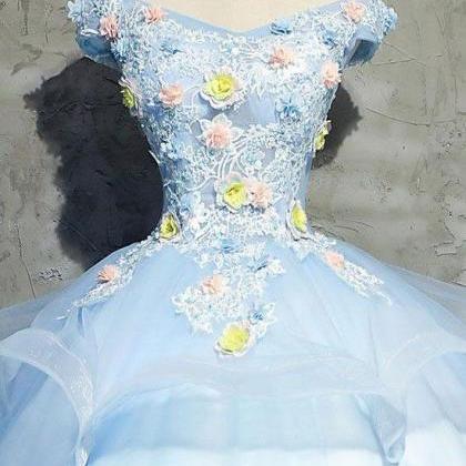 A-line Blue Tulle with Lace Applique Floor Length Party Dress, Blue Tulle Long Prom Dress