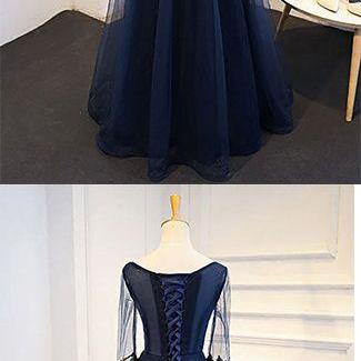 Navy Blue Tulle A-line Flower Appliques Prom Dress..