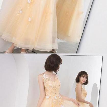 Gold V Neck Tulle Lace Short Prom Dress, Gold..