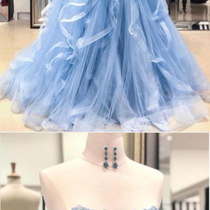 Blue Sweetheart Neck Tulle Lace Long Prom Dress,..