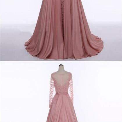 A-line Scoop Neckline Satin Long Sleeves Prom..