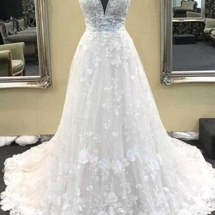 Ball Gown V Neck Spaghetti Straps Ivory Lace Long..