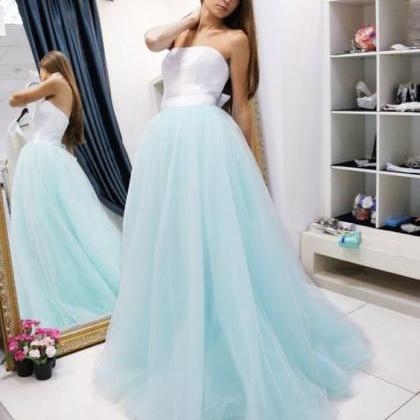 A-line Strapless Light Blue Prom Dresses Lace Long..