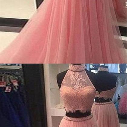 Pink Two Piece Halter Backless A Line Bridesmaid..